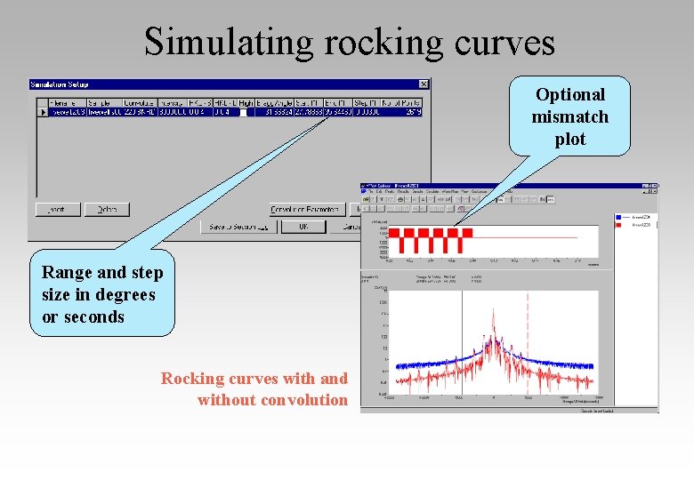 Simulating rocking curves Optional mismatch plot Range and step size in degrees or seconds