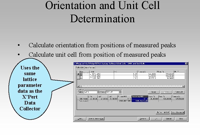 Orientation and Unit Cell Determination • • Calculate orientation from positions of measured peaks