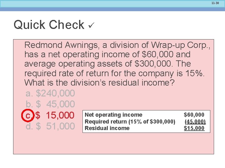 11 -30 Quick Check Redmond Awnings, a division of Wrap-up Corp. , has a