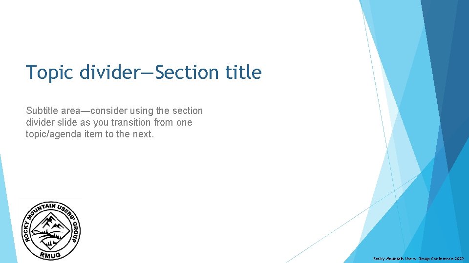 Topic divider—Section title Subtitle area—consider using the section divider slide as you transition from