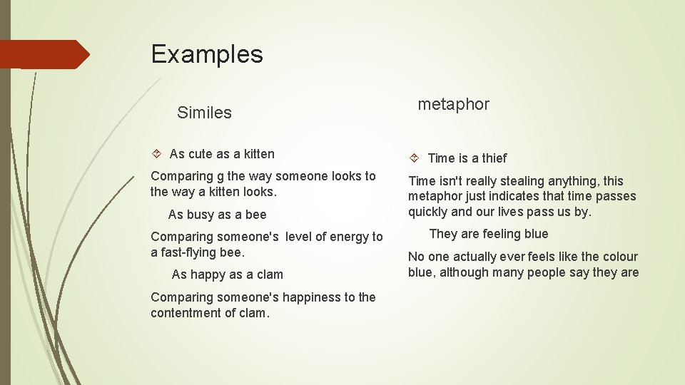 Examples Similes metaphor As cute as a kitten Time is a thief Comparing g