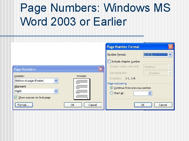 Page Numbers: Windows MS Word 2003 or Earlier 