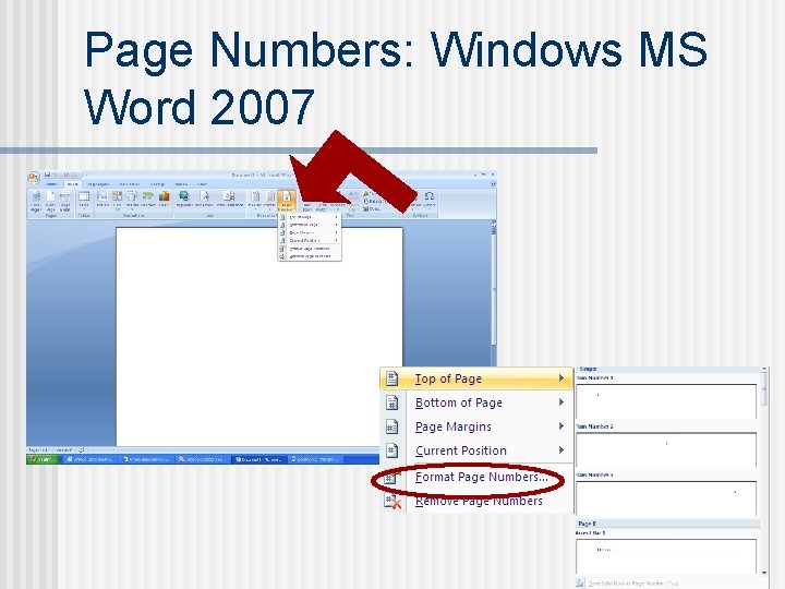 Page Numbers: Windows MS Word 2007 