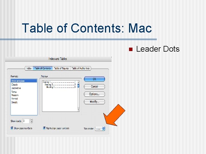 Table of Contents: Mac n Leader Dots 