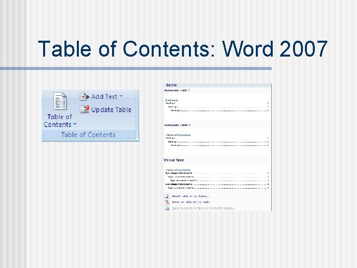 Table of Contents: Word 2007 