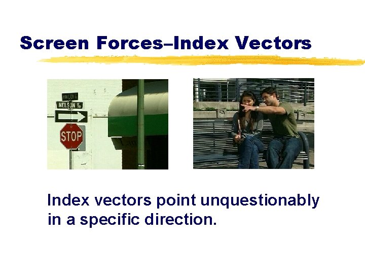 Screen Forces–Index Vectors Index vectors point unquestionably in a specific direction. 