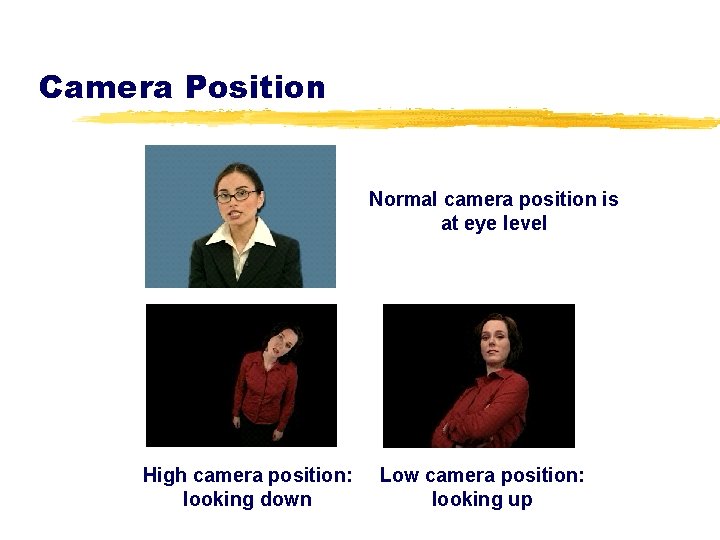Camera Position Normal camera position is at eye level High camera position: looking down
