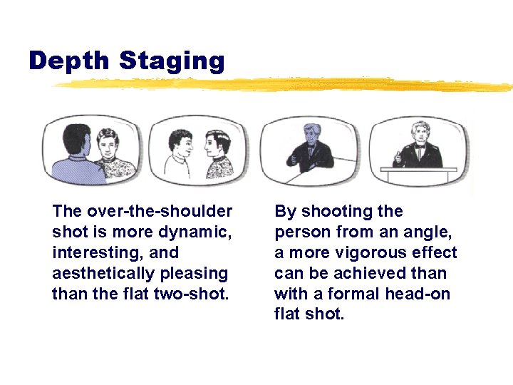 Depth Staging The over-the-shoulder shot is more dynamic, interesting, and aesthetically pleasing than the