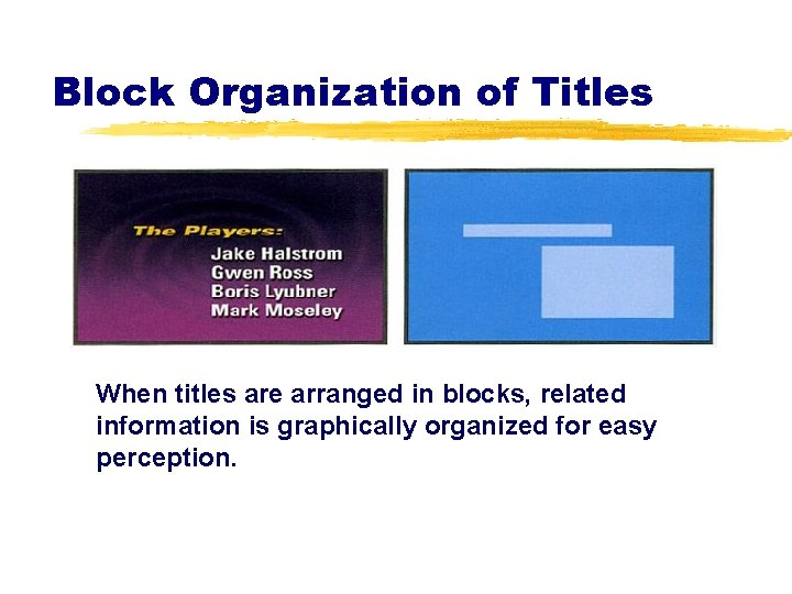 Block Organization of Titles When titles are arranged in blocks, related information is graphically