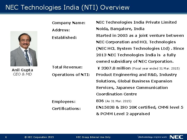 NEC Technologies India (NTI) Overview Company Name: NEC Technologies India Private Limited Address: Noida,