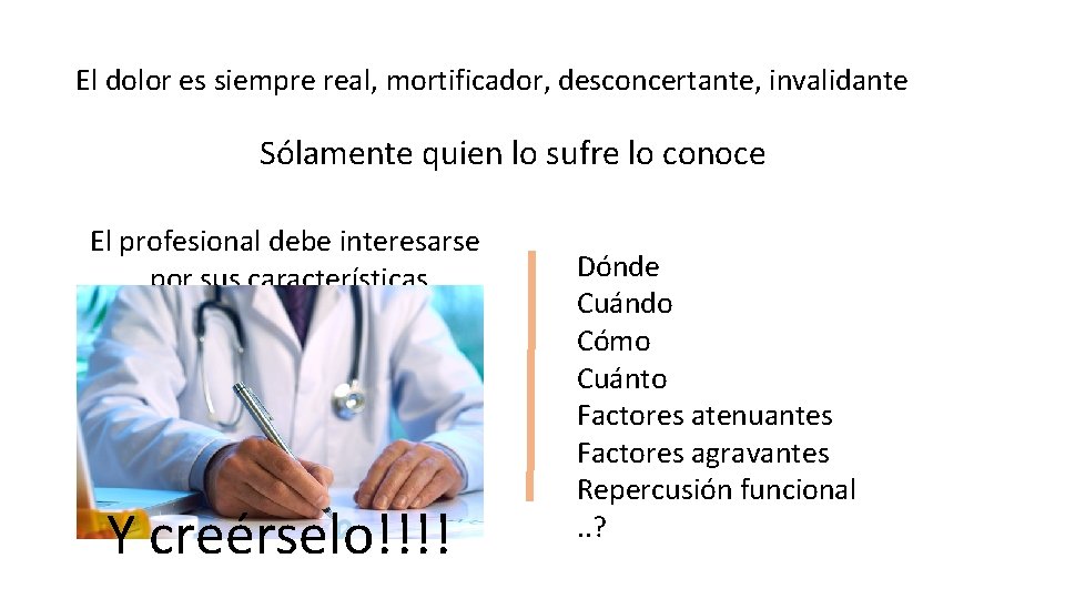 El dolor es siempre real, mortificador, desconcertante, invalidante Sólamente quien lo sufre lo conoce