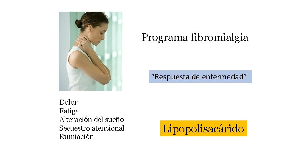 Programa fibromialgia “Respuesta de enfermedad” Dolor Fatiga Alteración del sueño Secuestro atencional Rumiación Lipopolisacárido