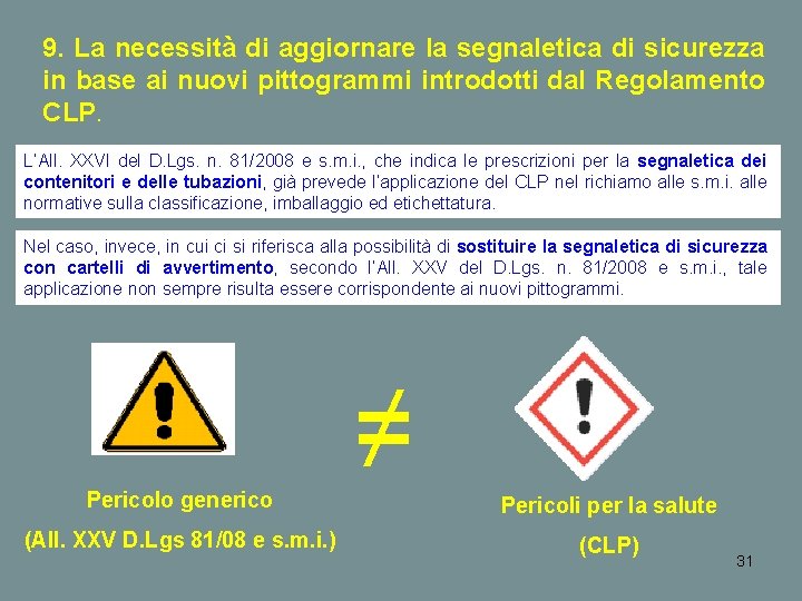 9. La necessità di aggiornare la segnaletica di sicurezza in base ai nuovi pittogrammi