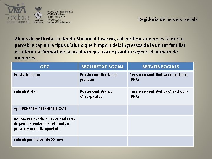 Regidoria de Serveis Socials Abans de sol·licitar la Renda Mínima d’Inserció, cal verificar que