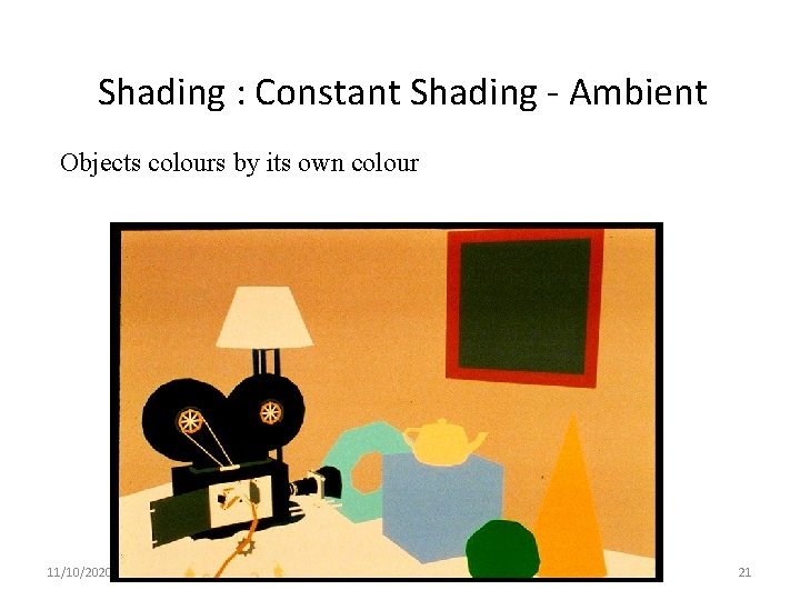 Shading : Constant Shading - Ambient Objects colours by its own colour 11/10/2020 Lecture