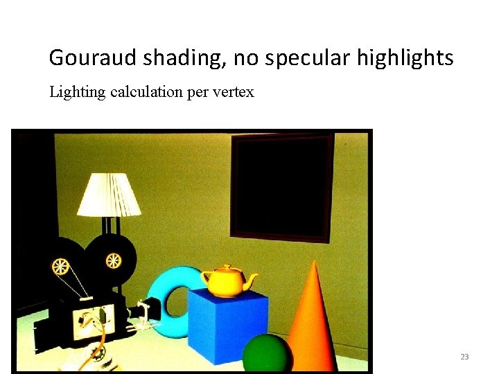 Gouraud shading, no specular highlights Lighting calculation per vertex 11/10/2020 Lecture 1 23 