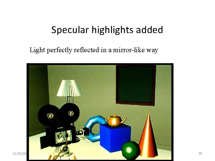 Specular highlights added Light perfectly reflected in a mirror-like way 11/10/2020 Lecture 1 25