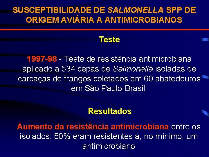 SUSCEPTIBILIDADE DE SALMONELLA SPP DE ORIGEM AVIÁRIA A ANTIMICROBIANOS Teste 1997 -98 - Teste