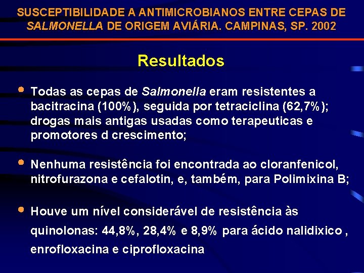 SUSCEPTIBILIDADE A ANTIMICROBIANOS ENTRE CEPAS DE SALMONELLA DE ORIGEM AVIÁRIA. CAMPINAS, SP. 2002 Resultados