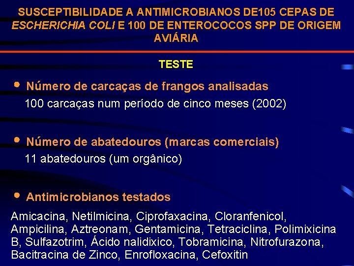 SUSCEPTIBILIDADE A ANTIMICROBIANOS DE 105 CEPAS DE ESCHERICHIA COLI E 100 DE ENTEROCOCOS SPP