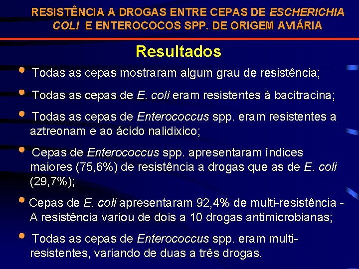 RESISTÊNCIA A DROGAS ENTRE CEPAS DE ESCHERICHIA COLI E ENTEROCOCOS SPP. DE ORIGEM AVIÁRIA