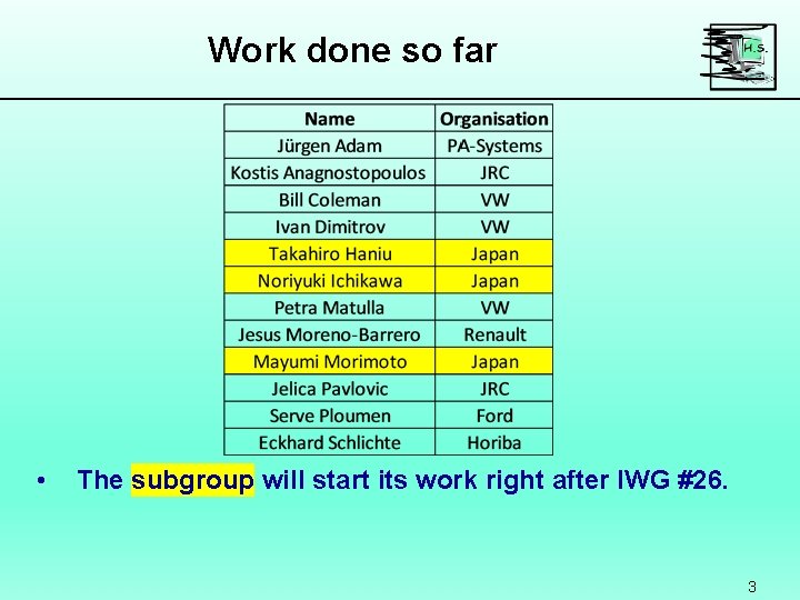 Work done so far • The subgroup will start its work right after IWG