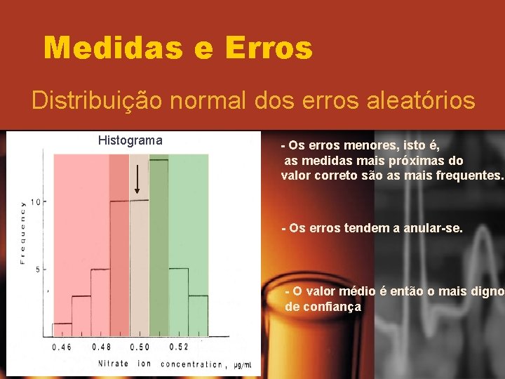 Medidas e Erros Distribuição normal dos erros aleatórios Histograma - Os erros menores, isto Medidas e Erros Distribuição normal dos erros aleatórios Histograma - Os erros menores, isto
