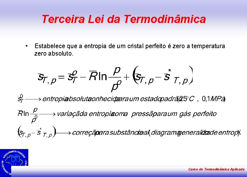 Terceira Lei da Termodinâmica • Estabelece que a entropia de um cristal perfeito é