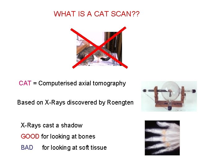 WHAT IS A CAT SCAN? ? CAT = Computerised axial tomography Based on X-Rays