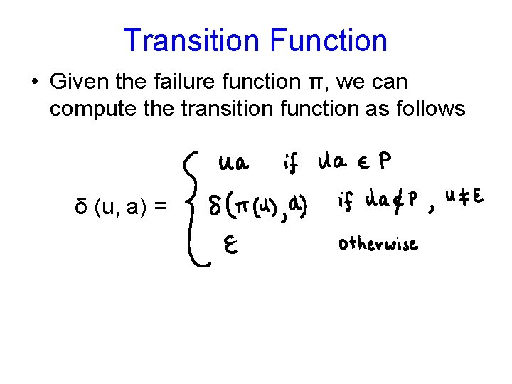 Transition Function • Given the failure function π, we can compute the transition function