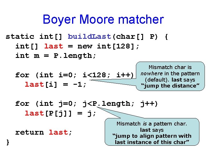 Boyer Moore matcher static int[] build. Last(char[] P) { int[] last = new int[128];