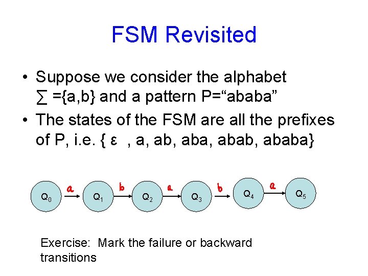 FSM Revisited • Suppose we consider the alphabet ∑ ={a, b} and a pattern