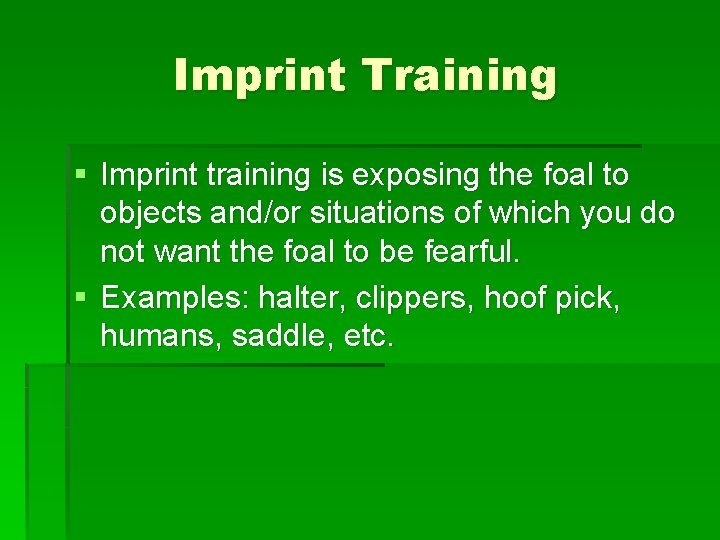Imprint Training § Imprint training is exposing the foal to objects and/or situations of