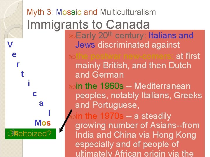 Myth 3: Mosaic and Multiculturalism Immigrants to Canada Early V e r t i