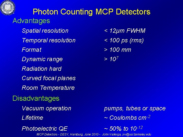Photon Counting MCP Detectors Advantages Spatial resolution < 12µm FWHM Temporal resolution < 100