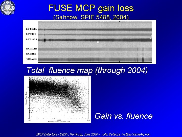 FUSE MCP gain loss (Sahnow, SPIE 5488, 2004) Total fluence map (through 2004) Gain