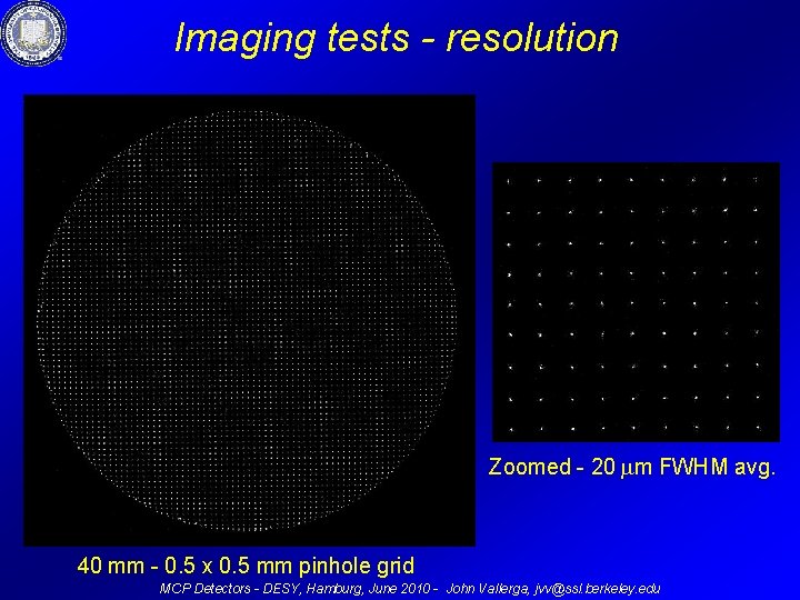 Imaging tests - resolution Zoomed - 20 m FWHM avg. 40 mm - 0.