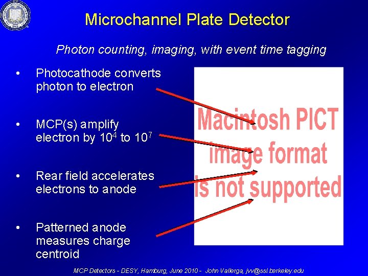 Microchannel Plate Detector Photon counting, imaging, with event time tagging • Photocathode converts photon