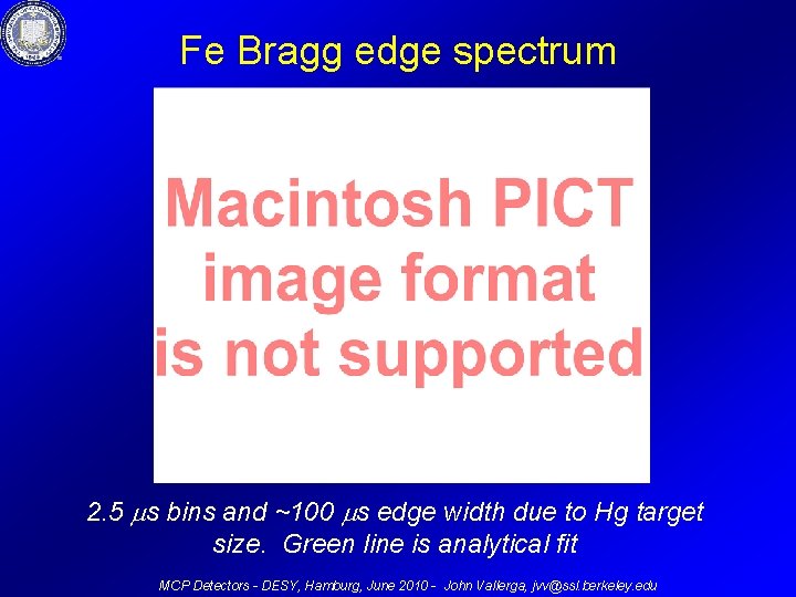 Fe Bragg edge spectrum 2. 5 s bins and ~100 s edge width due