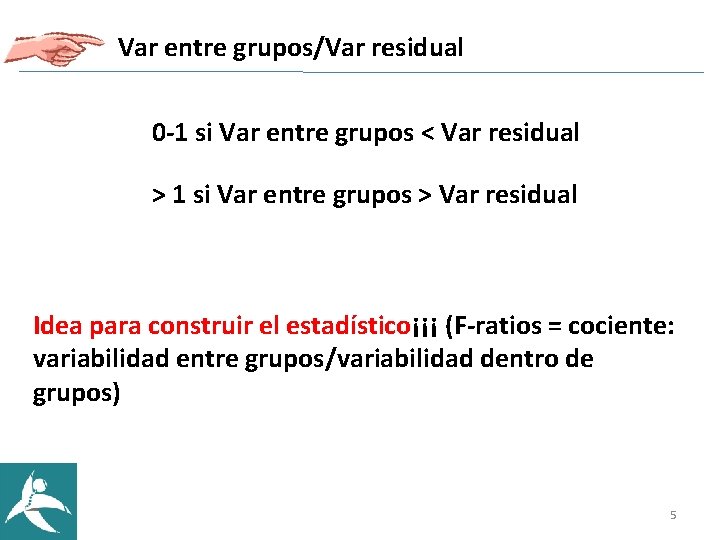 Var entre grupos/Var residual 0 -1 si Var entre grupos < Var residual > Var entre grupos/Var residual 0 -1 si Var entre grupos < Var residual >