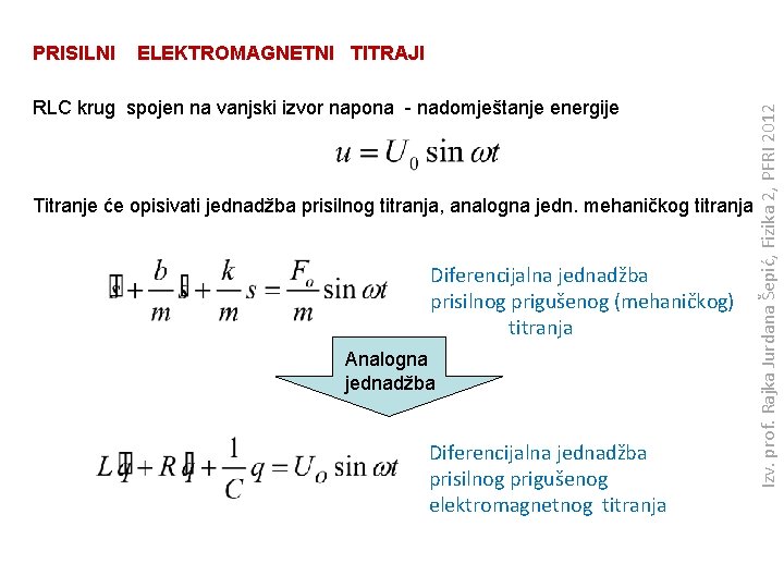 ELEKTROMAGNETNI TITRAJI RLC krug spojen na vanjski izvor napona - nadomještanje energije Titranje će
