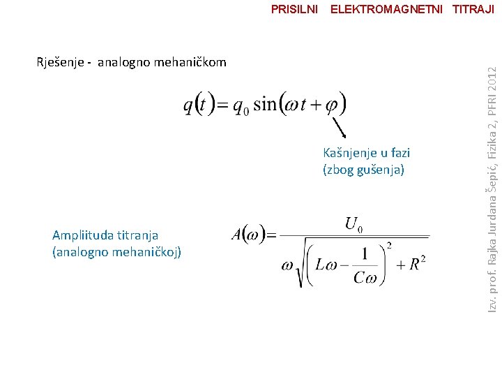 ELEKTROMAGNETNI TITRAJI Rješenje - analogno mehaničkom Kašnjenje u fazi (zbog gušenja) Ampliituda titranja (analogno