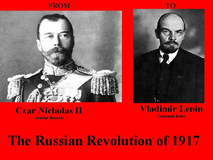 FROM Czar Nicholas II Absolute Monarch TO Vladimir Lenin Communist leader The Russian Revolution