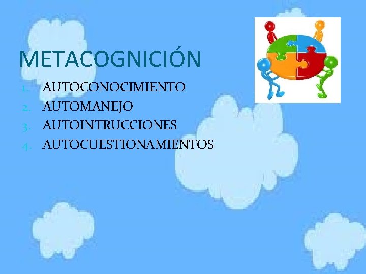 METACOGNICIÓN 1. 2. 3. 4. AUTOCONOCIMIENTO AUTOMANEJO AUTOINTRUCCIONES AUTOCUESTIONAMIENTOS 