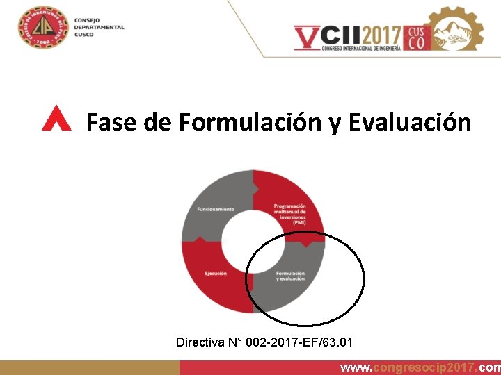 Fase de Formulación y Evaluación Directiva N° 002 -2017 -EF/63. 01 www. congresocip 2017.
