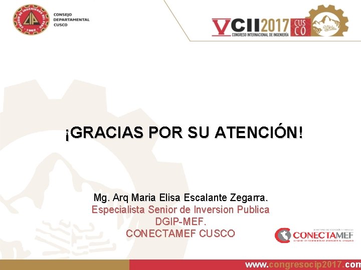 ¡GRACIAS POR SU ATENCIÓN! Mg. Arq Maria Elisa Escalante Zegarra. Especialista Senior de Inversion