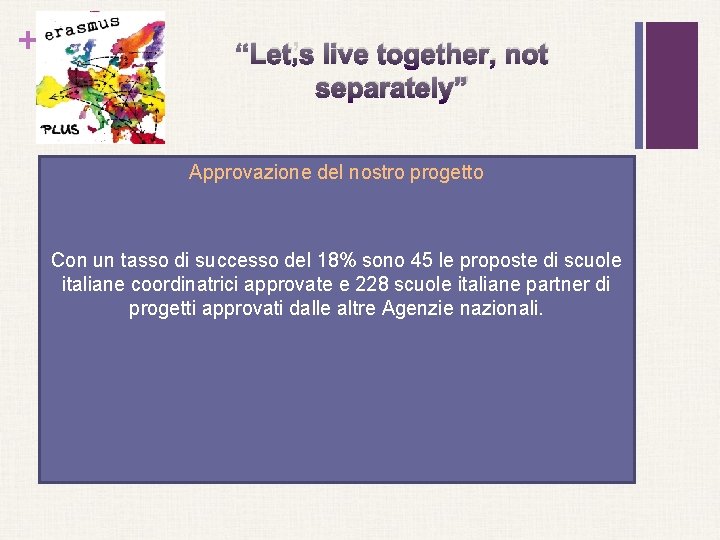 + “Let’s live together, not separately” Approvazione del nostro progetto Con un tasso di