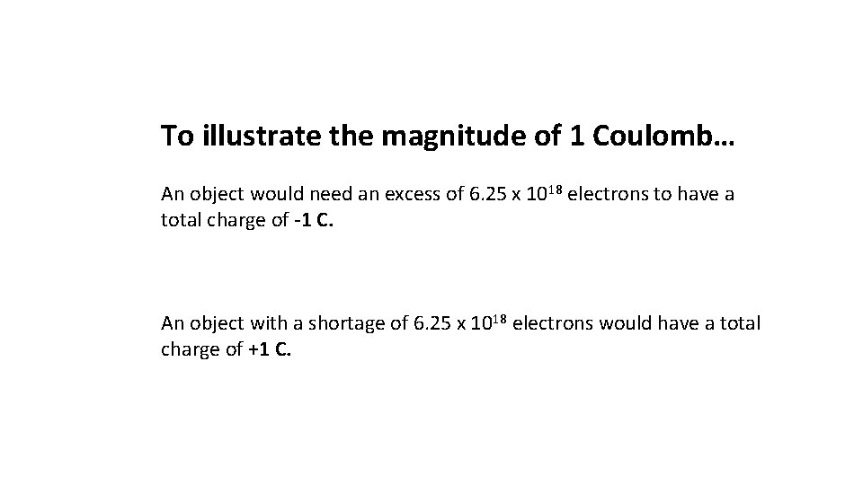 To illustrate the magnitude of 1 Coulomb… An object would need an excess of