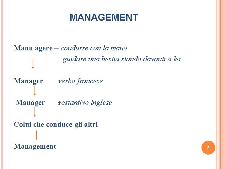 MANAGEMENT Manu agere = condurre con la mano guidare una bestia stando davanti a