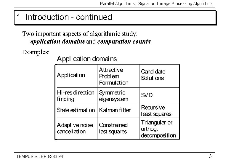 Parallel Algorithms: Signal and Image Processing Algorithms 1 Introduction - continued Two important aspects